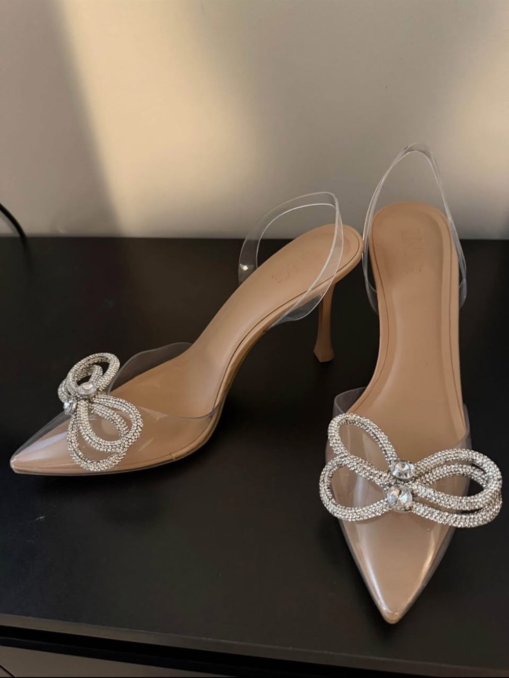 INC International Concepts Nude Pointed-Toe Slingback Heels with Crystal Bow